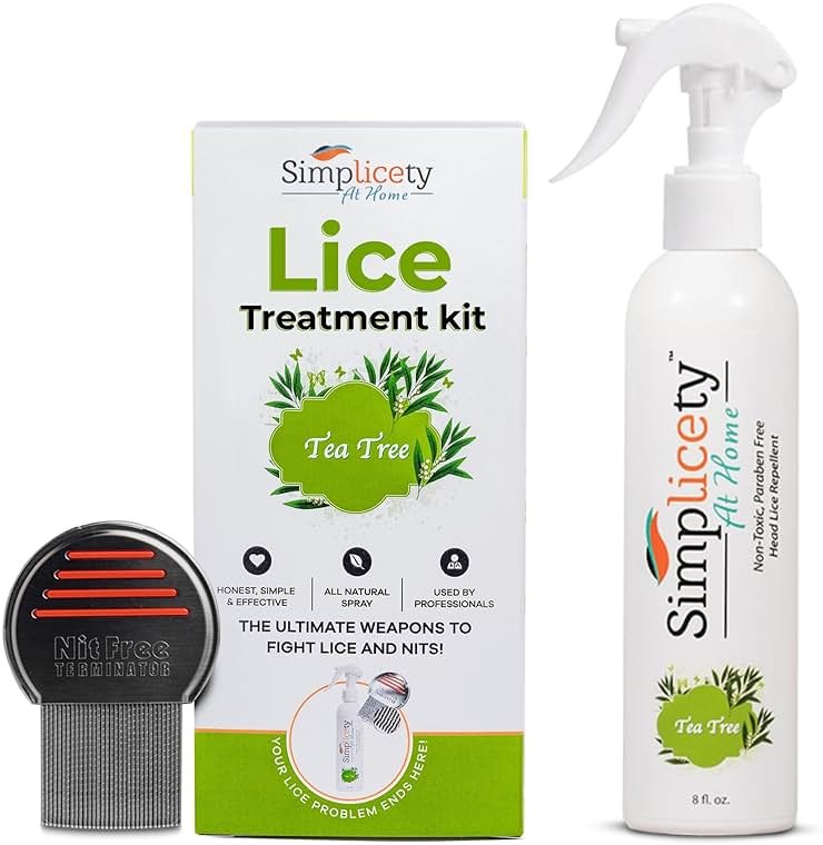 SIMPLICETY® Head Lice Treatment Kit for Kids, Includes 8fl Oz Lice Spray and Metal lice Comb with Round Edges, Natural Non-Toxic Lice Kit for All Hair Types (Tea Tree) - Product Image
