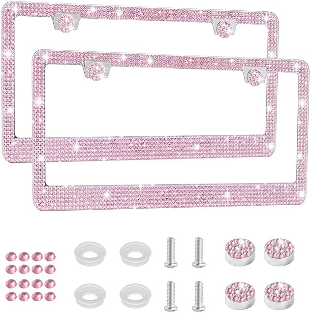 Amiss Bling License Plate Frame for Women, 2Pack Rhinestone Handcrafted Crystal Premium Stainless Steel, Stainless Steel Car Accessories with Diamond Sparkle Glitter Caps (Pink) - Product Image