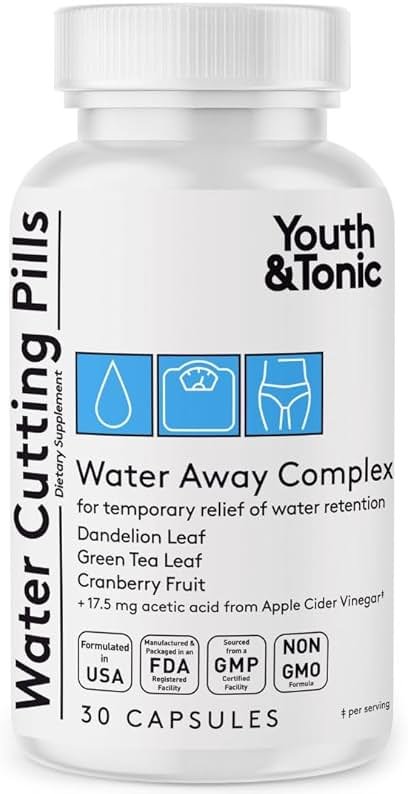 Youth & Tonic Water Cutting Pills - Natural Diuretic Complex for Temporary Water Gain, Swelling, Fluid Retention, Puffiness, Swollen Legs, Ankles, Arms, Puffy Eyes. for Men & Women with 30 Capsules - Product Image