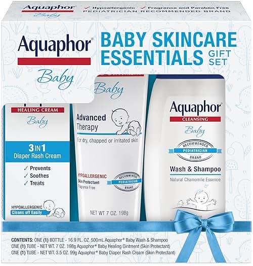 Aquaphor Baby Skin Care Essentials Gift Set with Baby Wash and Shampoo (16.9 Fl Oz) + Healing Ointment for Chapped Skin and Drool Rash (7Oz) + Diaper Rash Cream (3.5Oz), Hypoallergenic - Product Image