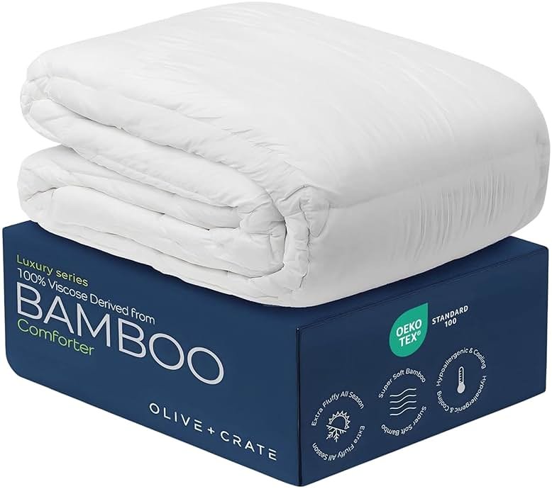 Olive + Crate Cooling Down Alternative Comforter - Hypoallergenic Queen Size Duvet Insert Lightweight - All Seasons Plush Design Bamboo Comforter - 100% Bamboo Viscose Outer Cover - White 88"x90" - Product Image