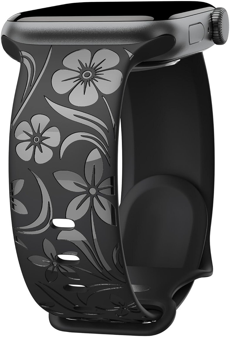 Floral Engraved Band Compatible with Apple Watch Band 38mm 40mm 41mm 42mm 44mm 45mm 46mm 49mm, Designer Silicone Glossy Wildflower Strap for iWatch Band Series Ultra 11 10 9 8 7 6 SE 5 4 3 - Product Image