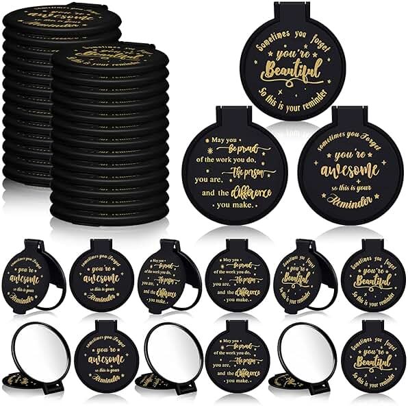 Wenqik 100 Pcs Inspirational Mini Compact Mirrors Bulk, Women Small Gifts Bulk, Group Team Party Favors, Mini Pocket Purse Mirror for Travel, Client, Guest, Wedding, Birthday, Cheerleader (Black) - Product Image