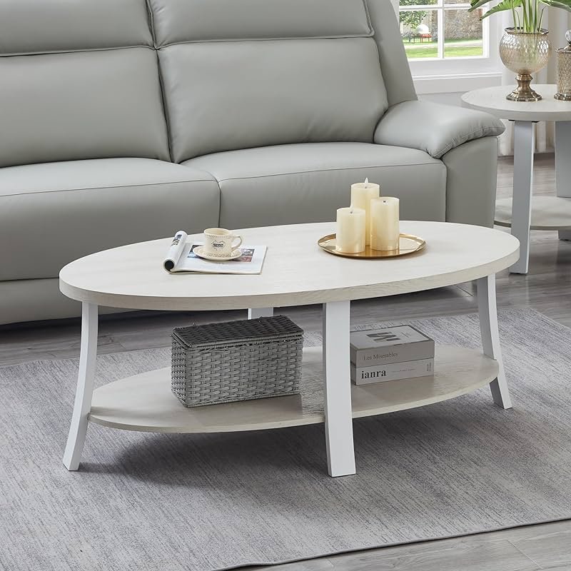 Roundhill Furniture Anze Contemporary Oval Wood Shelf Coffee Table in White Finish - Product Image