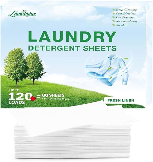 Laundry Detergent Sheet, Eco-Friendly & Hypoallergenic Wash Strips, Natural Ingredients, Ultra-Concentrated, Travel-Ready, No Plastic Jug- Fresh Scent, (120 Loads) 60 Sheets - Product Image