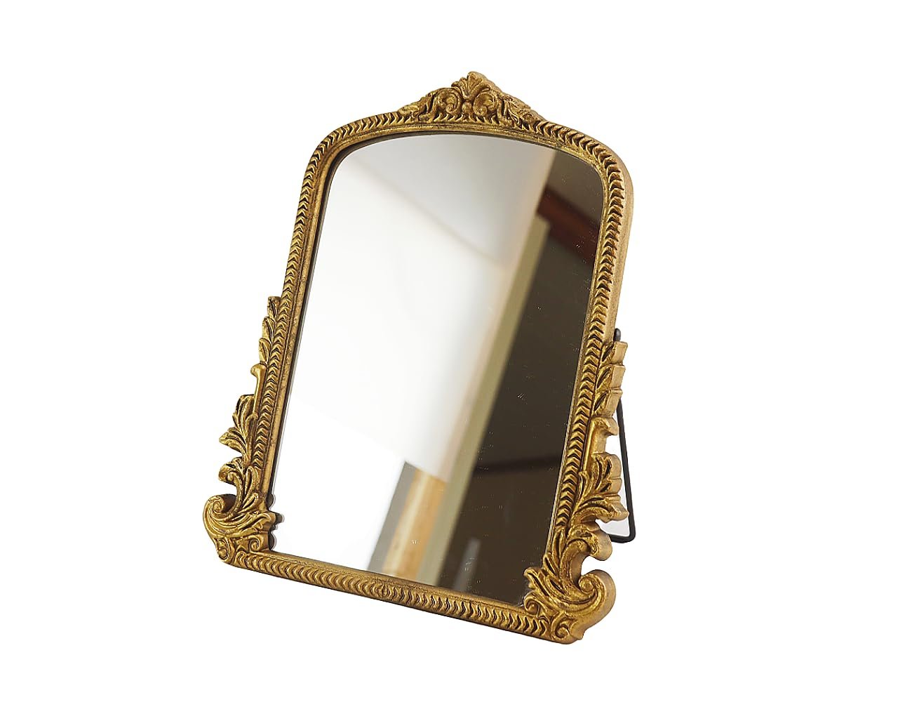 Small Vintage Vanity Makeup Desk Mirror, Antique Traditional Arch Table Mirror in Gold, Decorative Wood Carved Mirror for Living Room Bedroom Tabletop 11.8" x 9.6" - Product Image