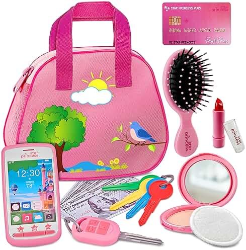Toddler Play Purse for Kids with Accessories, Toys for Girls with Pretend Makeup, Keys, Smartphone, Dress Up Toy Purse for Toddlers and Kids - Birthday Gift for Little Toddler Girls Ages 3 4 5 6, Pink - Product Image