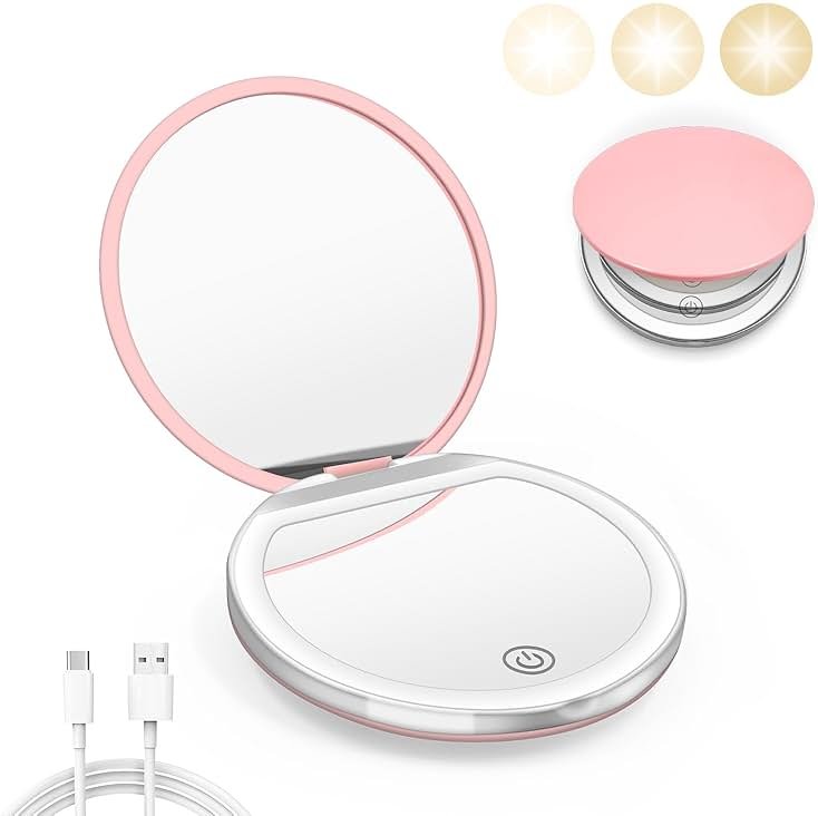 Kakuje Compact Mirror with Light, 1X/3X Magnification LED Pocket Mirror with USB Data Cable,Mini Mirror for Purse, Pocket,Travel and Present (Pink) - Product Image
