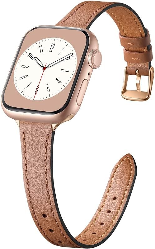 Charlam Slim Leather Band Compatible with Apple Watch Bands for Women 40mm 38mm 41mm 42mm 44mm 45mm 46mm, Top Grain Genuine Leather Strap Thin Wristband for iWatch Series 11 10 SE 9 8 7 6 5 4 3 2 1 - Product Image