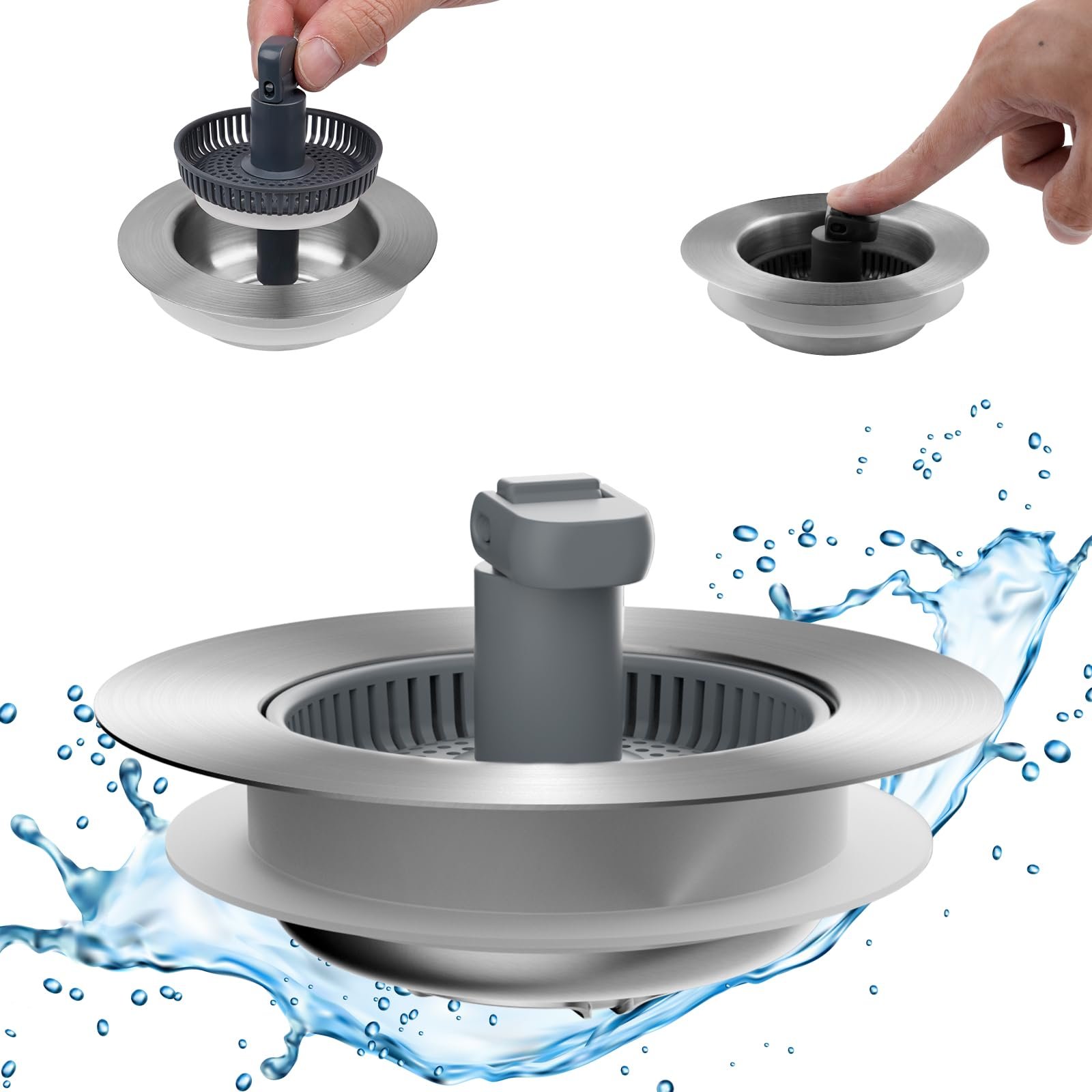 Hibbent Upgraded 3 in 1 Kitchen Sink Drain Strainer and Stopper Combo, Stainless Steel Metal Pop Up Sink Stopper, Anti-Clogging Basket with Foldable Handle for US Standard 3-1/2 Inch Drain - Product Image