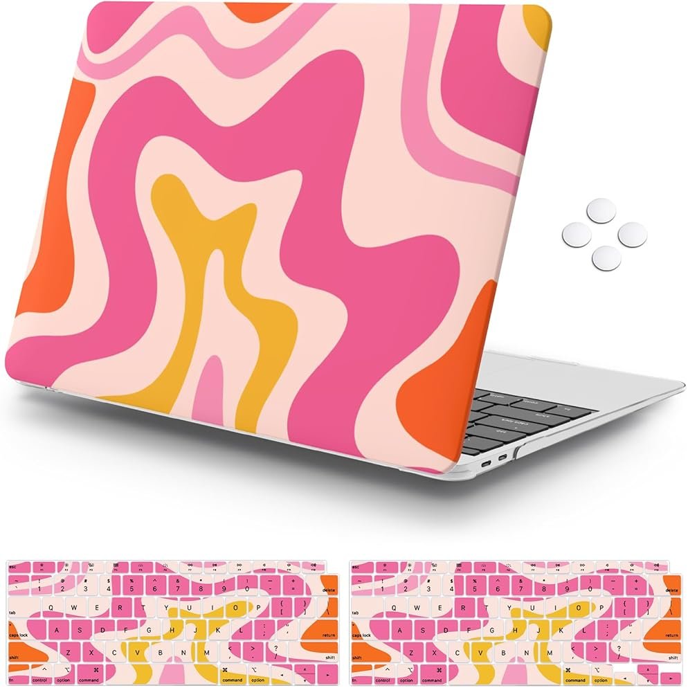 iCasso Compatible with MacBook Air 13 inch Case 2021 2020-2018 Release A2337 M1 A2179 A1932 Touch ID, Plastic Hard Shell Case for Mac Air 13.3+ Keyboard Cover + Screen Protector, Pink Abstract Wave - Product Image
