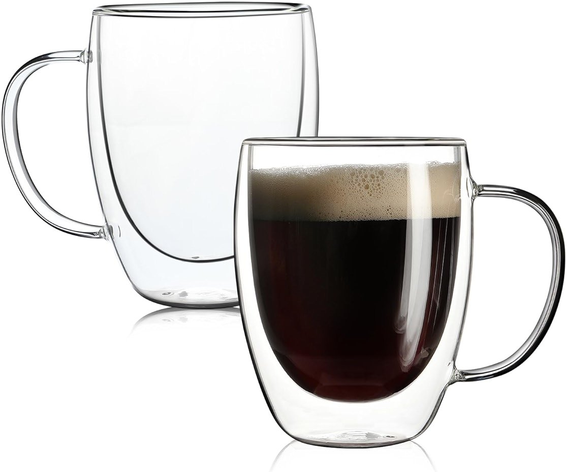 Aurzen 2 Pack Double Walled Glass Coffee Mugs with Handles, Large Insulated Layer Coffee Cups, 12oz Clear Borosilicate Mugs, Perfect for Cappuccino, Tea, Microwave Safe - Product Image