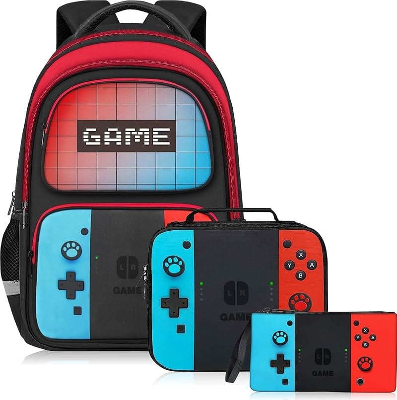 TILYTADLY School Backpack for Boys - 3pcs Gamer Boys Backpack with Lunch Box and Pencil Case for Kids Children Teens Elementary Middle School - HFHTDC Video Game Bookbag 17″ Large Capacity - Product Image