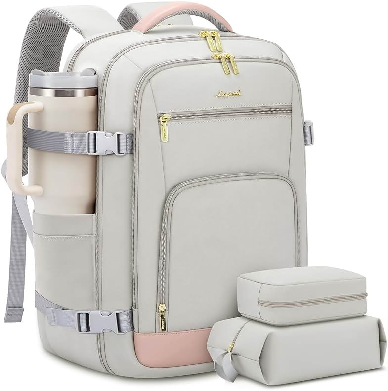 LOVEVOOK Travel Backpack For Women, 40L Carry On Backpack Flight Approved, TSA Personal Item Travel Bag Fits 17 Inch Laptop, Business Weekender Overnight Waterproof Daypack With 2 Cubes, Grey-Pink - Product Image