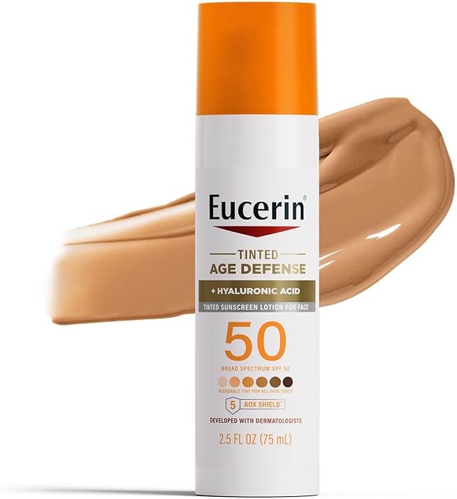 Eucerin Sun Tinted Age Defense Face Sunscreen Lotion SPF 50 with Hyaluronic Acid, Tinted Sunscreen for Face, Blendable Tint for All Skin Tones, Non Comedogenic and Hypoallergenic, 2.5 Fl Oz Bottle - Product Image