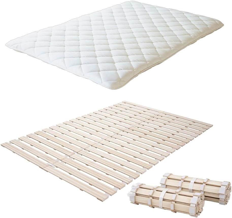 EMOOR Japanese Futon Mattress & Roll-Type Wood Slatted Bed Set CLASSE-Franco-ROLL Queen (Unpainted), Solid Paulownia Sleeping Bed Tatami Mat - Product Image
