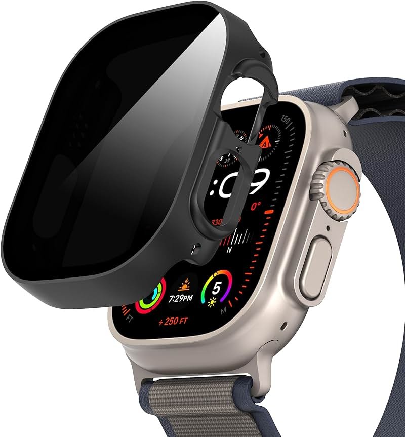 Suoman for Apple Watch Ultra 3/2/1 49mm Privacy Case, [Anti-peeping] Tempered Glass Screen Protector, Full Coverage Durable PC Hard Cover Bumper -Black - Product Image