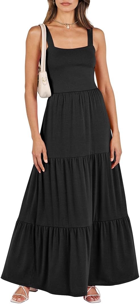 ANRABESS Women's Summer Casual Long Maxi Beach Vacation Dresses Sleeveless Square Neck Flowy Tiered Sun Dress with Pockets - Product Image
