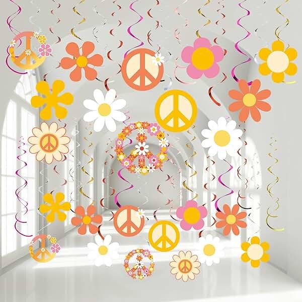 Outus 60s 70s Hippie Theme Birthday Party Decorations Foil Swirl Decorations, 60s 70s Peace out Sign Groovy Daisy Retro Flower Power Cutouts Hanging Swirls Ceiling for Birthday, 30 Count(Lovely) - Product Image