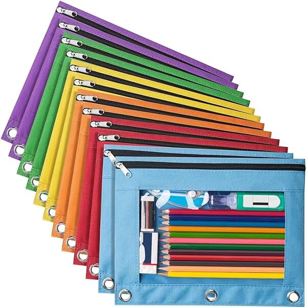 Forvencer 12 Pack Pencil Pouches for 3 Ring Binder, Smooth Zipper 3 Ring Binder Pencil Pouch, Multi-Color Pencil Case for Binder, Clear Top Binder Pencil Pouch, Pencil Bag with 3 Re-enforced Grommets - Product Image