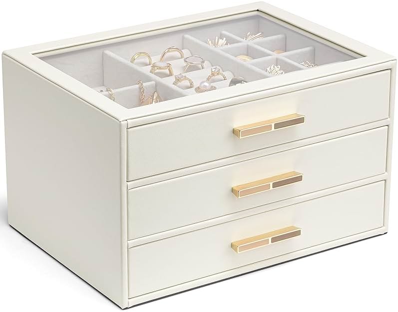 VLANDO Jewelry Box for Women, Glass Lid Jewelry Organizer with 3 Drawers for Necklaces Rings Earrings Bracelets Mother Day Gift for Mom - Cloud White - Product Image