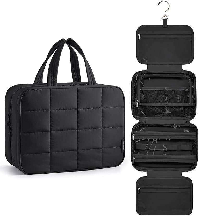 BAGSMART Travel Toiletry Bag with Jewelry Organizer, Hanging Travel Bag for Toiletries, Puffy Makeup Cosmetic Bag Organizer, Carry-on Travel Accessories Essentials, Black-L - Product Image