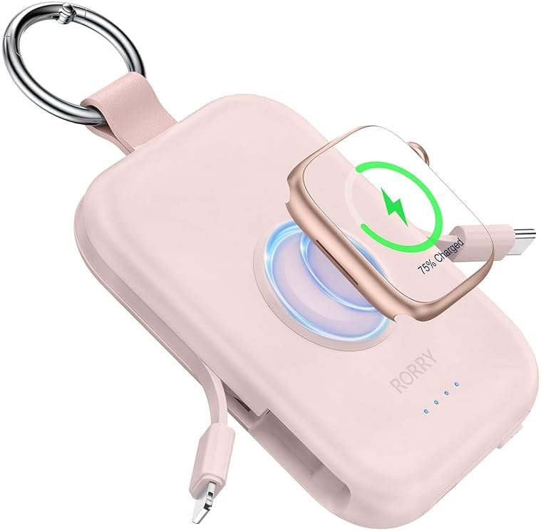 RORRY Portable Charger, 5000mAh Portable Charger Power Bank with Built-in Cables, Travel Keychain Battery Pack for Apple Watch Ultra/11/10/9/8/7/6/SE, iPhone Air/17/16/15/14/13/12, Pink - Product Image