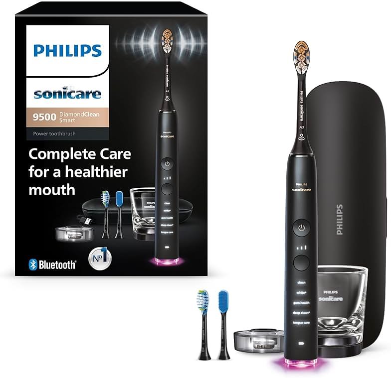 Philips Sonicare DiamondClean Smart 9500 Electric Toothbrush - Sonic Toothbrush with App, Pressure Sensor, 15 Brushing Settings, Replacement Reminder, USB Charging Travel Case, Black, Model HX9923/11 - Product Image