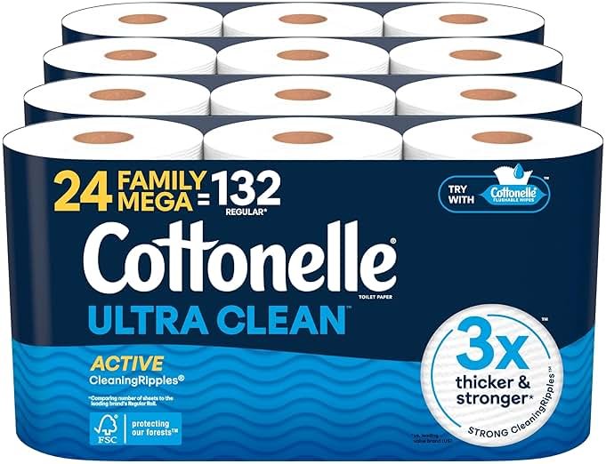 Cottonelle Ultra Clean Toilet Paper with Active CleaningRipples Texture, Strong Bath Tissue, 24 Family Mega Rolls = 132 Regular Rolls (4 Packs of 6) - Product Image