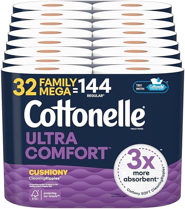 Cottonelle Ultra Soft Toilet Paper with Cushiony CleaningRipples Texture, 32 Family Mega Rolls = 144 Regular Rolls (8 Packs of 4) - Product Image
