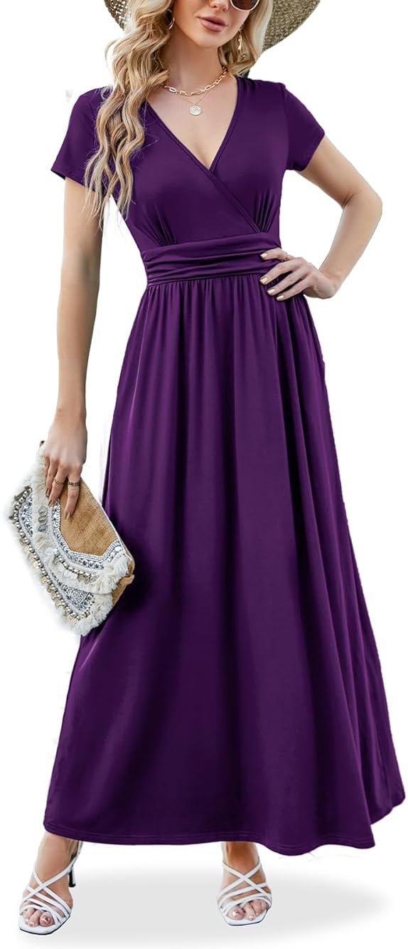 ANRILITA Women's 2026 Wrap V Neck Maxi Dress Short Sleeve Empire Waist Flowy Summer Long Dresses with Pocket Casual for Beach - Product Image