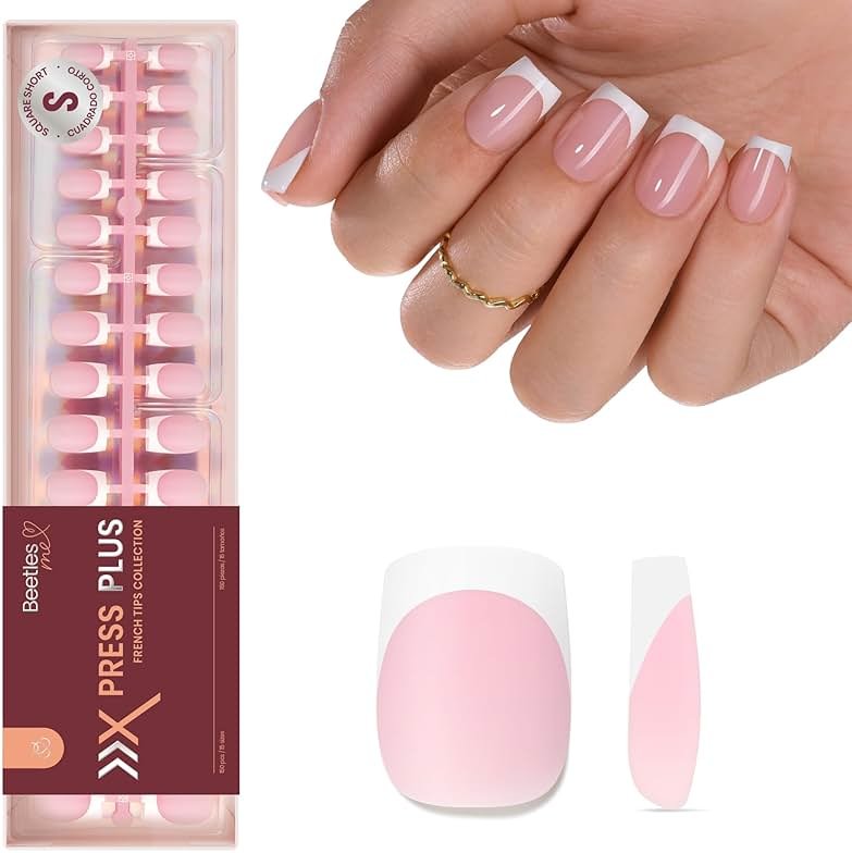 Beetles French Tips Press On Nails: 150 Pcs Pink Short Square Press On Nails Fake Nail Tips, Soft Gel Nail False Nails Art DIY Gifts For Women - Product Image