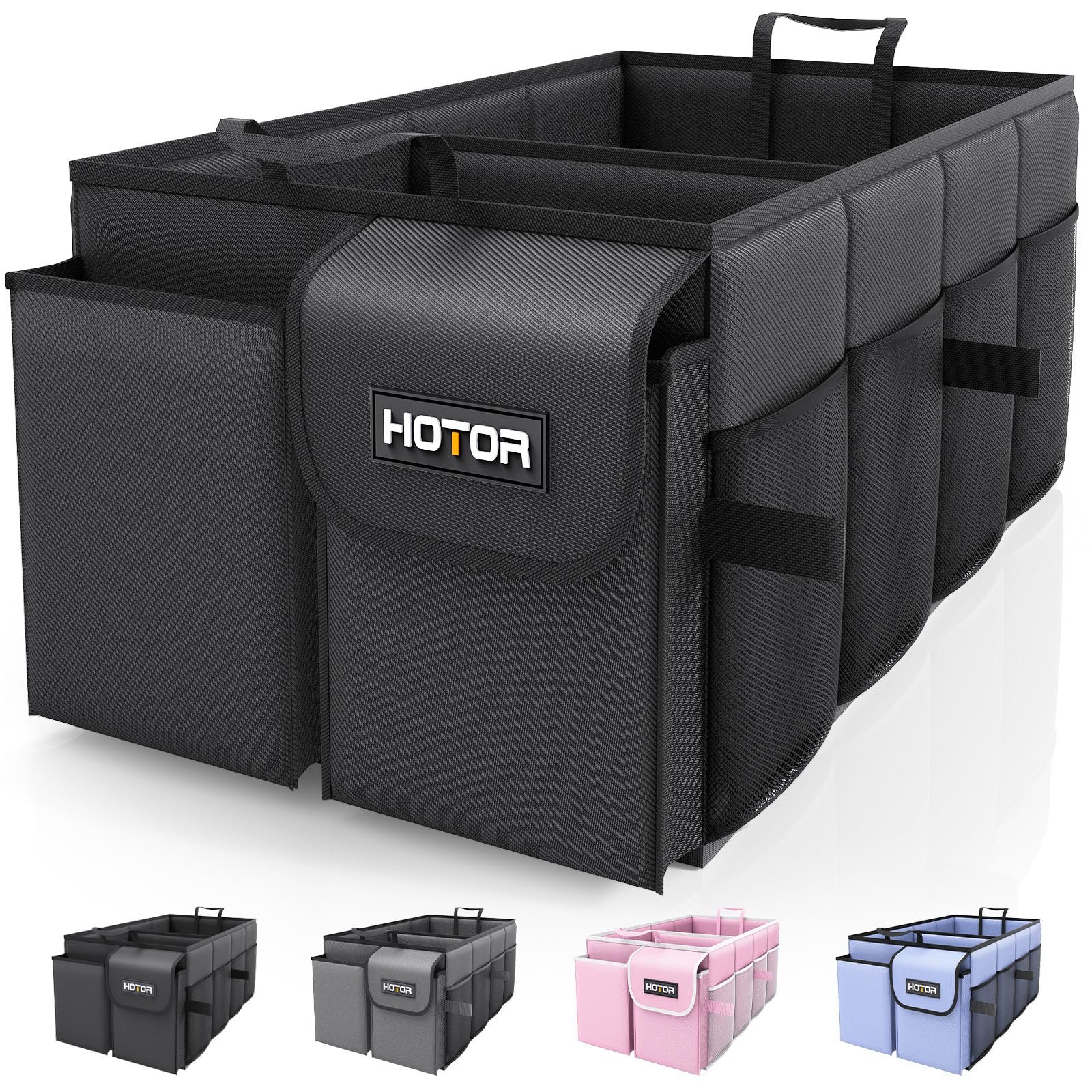 HOTOR Trunk Organizer - Car Organizer, Foldable Trunk organizer for SUVs & Sedans, Sturdy Car Organization for Car Accessories, Tools, Sundries, Black, 2 Compartments, 21.3"×12.6"×10.6" - Product Image