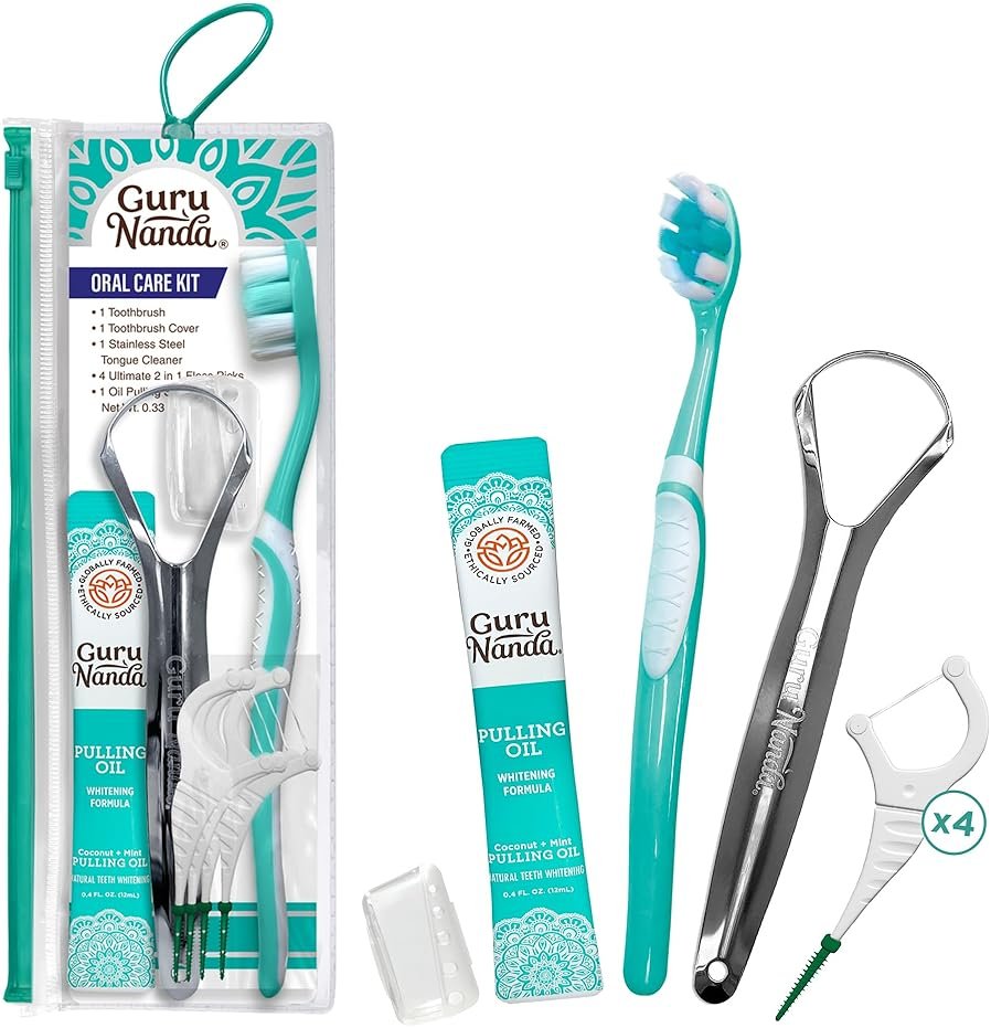 GuruNanda Travel-Friendly Oral Care Kit- 1 Butter on Gums Toothbrush, 1 Tongue Scraper, 4 Dual-Action Floss Picks, 1 Coconut & Mint Oil Pulling Sachet - Product Image
