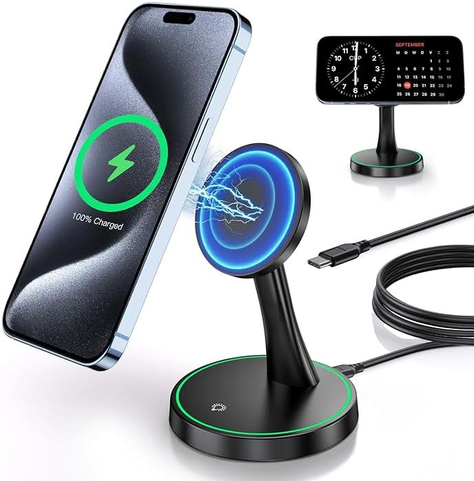 Magnetic Wireless Charger Stand 15W Fast Mag-Safe Charger for iPhone 17/17 pro/ 17 Air/ 17 pro max 16/15/14/13/12 Series Magnet Wireless Charging Station/Pad with Sleep-Friendly Light for AirPods - Product Image