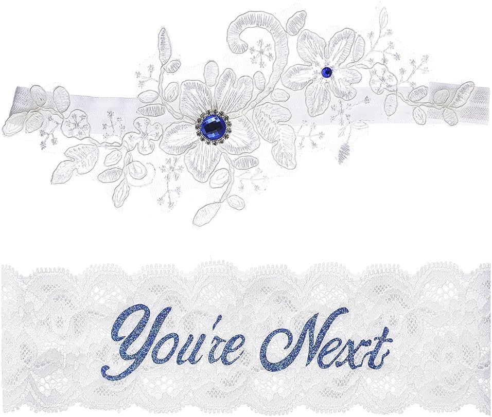 Lusofie 2Pcs Bridal Wedding Garter Rhinestones Blue Wedding Garter for Bride White Lace Floral You're Next Garters for Bride Women - Product Image