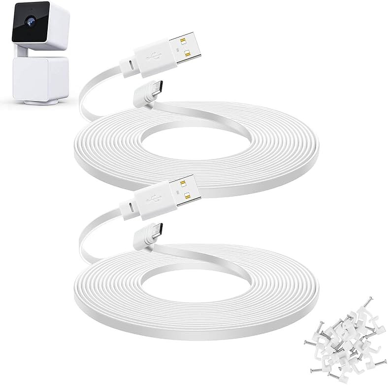 YEAOI 2-Pack 30 ft Extension Cable for WYZE Cam Pan V3 Outdoor Camera, Micro USB 90 Degree Power Adapter, Flat Cord, White - Product Image