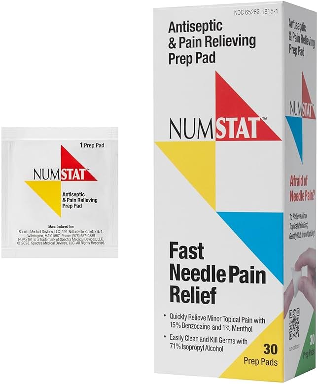 NUMSTAT Antiseptic Numbing Wipes for Needle Pain Relief, 2-In-1 Formula with Benzocaine, Isopropyl Alcohol and Menthol - 30 Prep Pads - Product Image