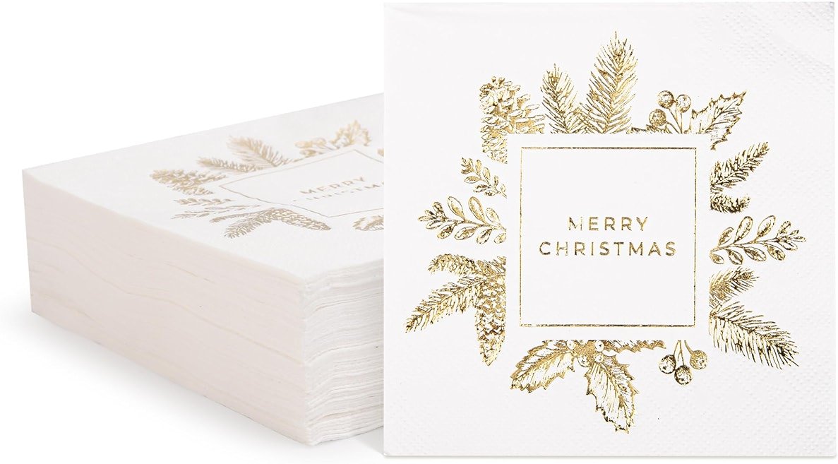 Livebe 100 Pack of Paper Cocktail Napkins with Gold design，Formal Dinner, Anniversary, Merry Christmas, Guestrooms, Restrooms(5 x 5 in，3-ply) (Gold MC) - Product Image