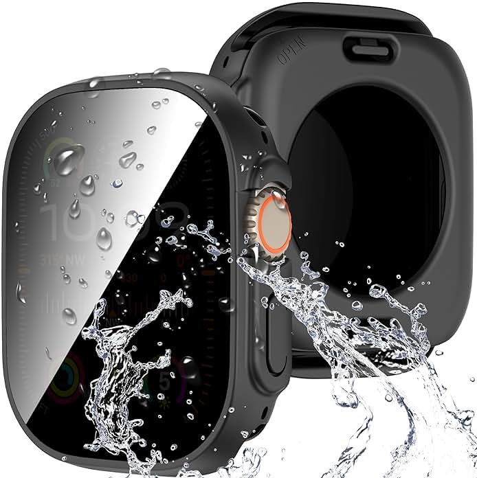 Suoman 3 in 1 for Apple Watch Ultra 3/2/1 49mm Waterproof Case, Front Privacy Tempered Glass Screen Protector + Back 360° protective Bumper Cover-Black - Product Image
