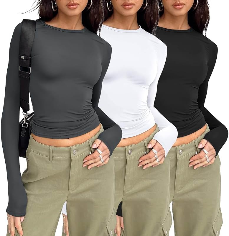AUTOMET 3 Pack Womens Basic Crew Neck Long Sleeve Slim Fit Crop Tops - Product Image