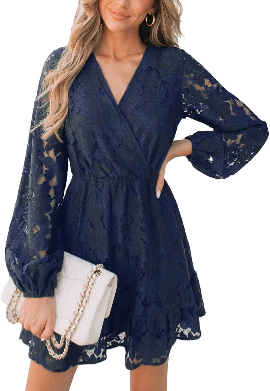 CUPSHE Women Elegant V Neck Lace Peasant Sleeve Mini Summer Dress Elastic High Waist A Line Casual Wedding Guest Dress - Product Image