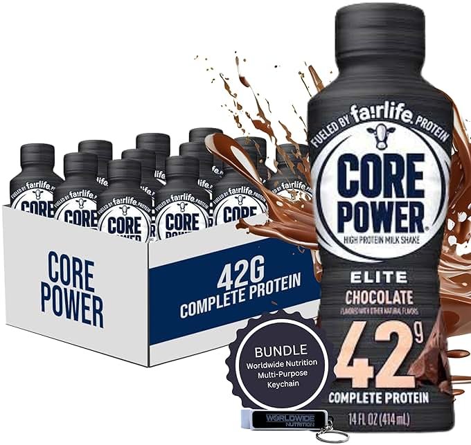 Worldwide Nutrition Bundle: Fairlife Core Power Elite 42g High Protein Milk Shake - Kosher, Chocolate Protein Shake for Workout Recovery - 14 Fl Oz (Pack of 12) & Multi-Purpose Key Chain - Product Image