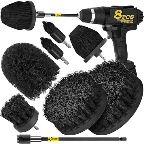 Holikme 8 Piece Drill Brush Attachments Set, Power Scrubber Brush with Extend Long Attachment，Cleaning Supplies，Scrub，Shower Scrubber，Bathtub, Bathroom, Kitchen（Black） - Product Image
