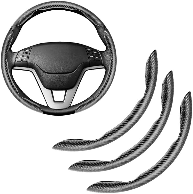 Amiss 3pcs Carbon Fiber Anti-Skid Steering Wheel Cover, Waterproof & Segmented Butterfly Design, Universal 99% Vehicle Wheel Cover Protector, Car Interior Accessories (Black-3pcs) - Product Image