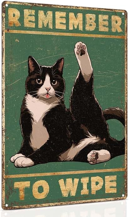 ALKB Bathroom Tuxedo Cat Sign - Remember to Wipe - Cat Lover Gift 8x12 Inch Vintage Metal Sign for Bathroom Decorations - Product Image