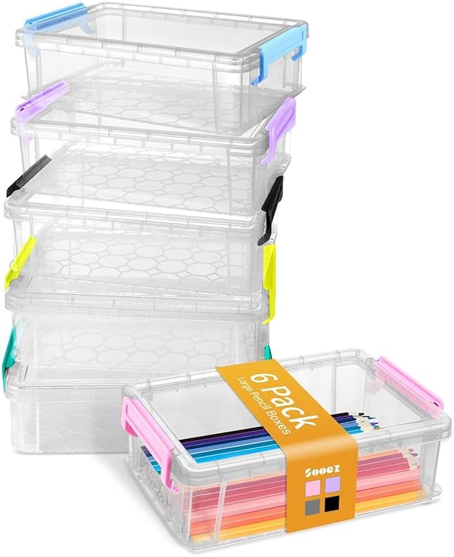 Sooez 6 Pack Extra Large Pencil Box, Plastic Hard Pencil Case Crayon Box Bulk, Clear Marker Organizer Plastic Containers with Lid, Stackable Storage Boxes for Art Craft, Back to School Supplies, Multi - Product Image