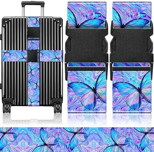 Slohif Luggage Straps for Suitcases Travel Belt Accessories Luggage Connector Identifiers 2 Pack Over Handle with Buckle Unique Nylon Adjustable Strap for Sleeping Bag Car Seat Butterfly - Product Image