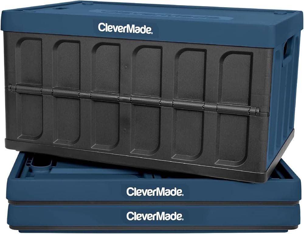 CleverMade Collapsible Storage Bins with Lids (46L, 3 Pack) – Stackable Foldable Plastic Storage Crates for Home, Closet & Trunk Organization - Ocean - Product Image