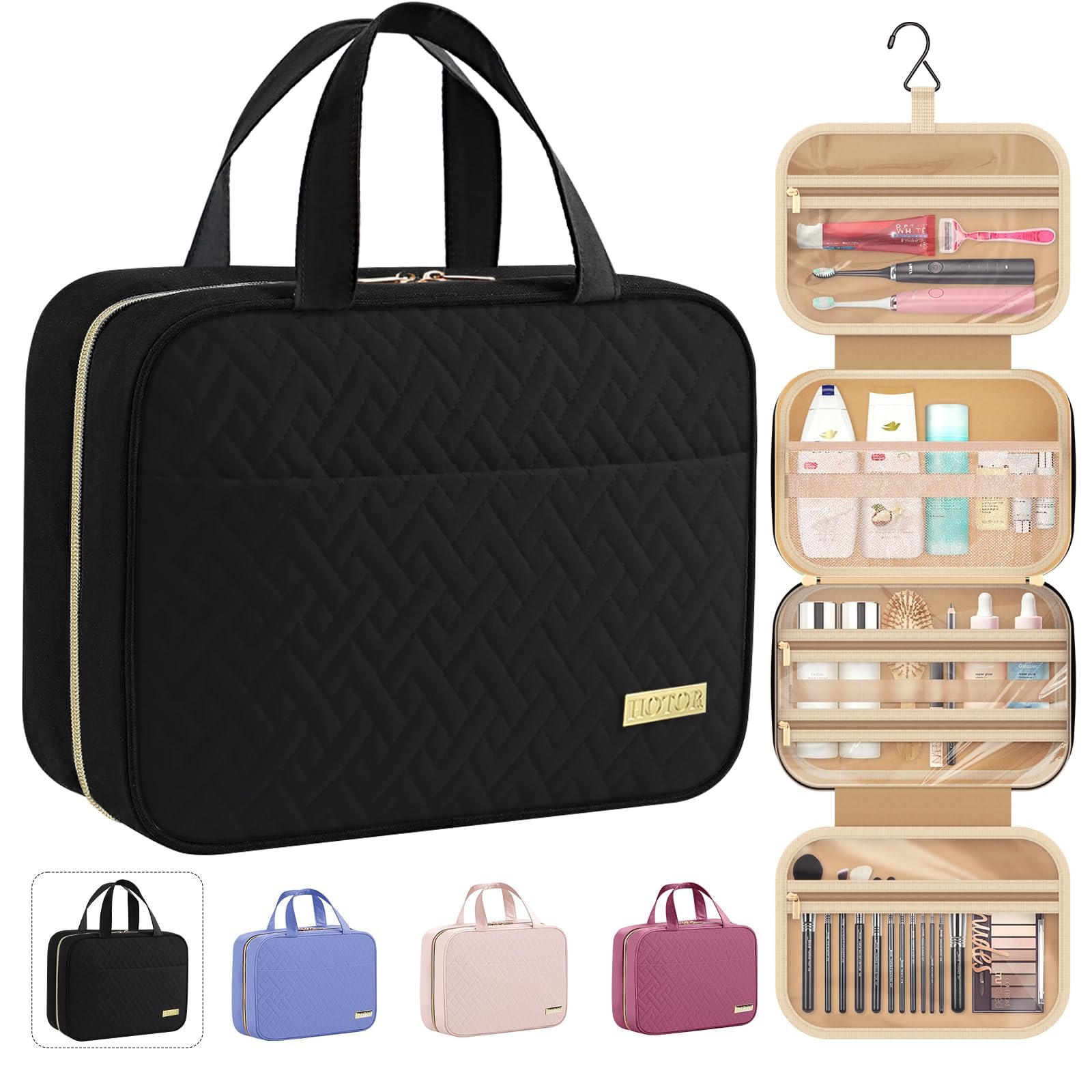 HOTOR Travel Toiletry Bag - Hanging Toiletry Bag for Women & Men, Makeup Bag/Big Comparment, Waterproof for Travel Accessories, Travel Essentials, Medium, Black - Product Image